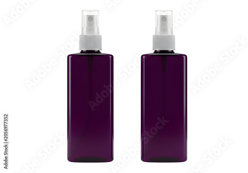 Two purple nail polish bottles with brushes standing upright