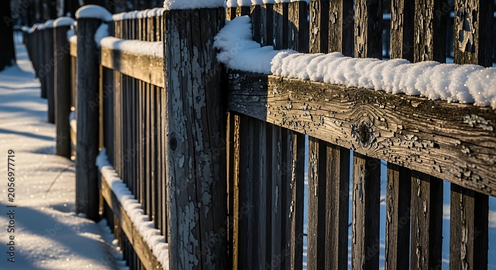 Fototapeta premium Snowy wooden fence in winter landscape.
