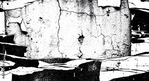 Contrast black and white texture of a weathered concrete wall with peeling paint layers and deep cracks creating a dramatic grunge effect