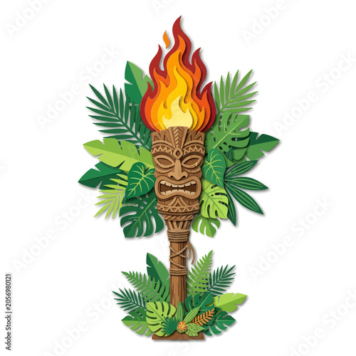 Tiki Torch Tropical Leaves Fire Isolated White Background