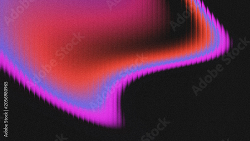 Fotografie Abstract grainy gradient background with pink, purple, orange, and blue tones, featuring a wavy shape with vertical glitch grooves against a black backdrop
