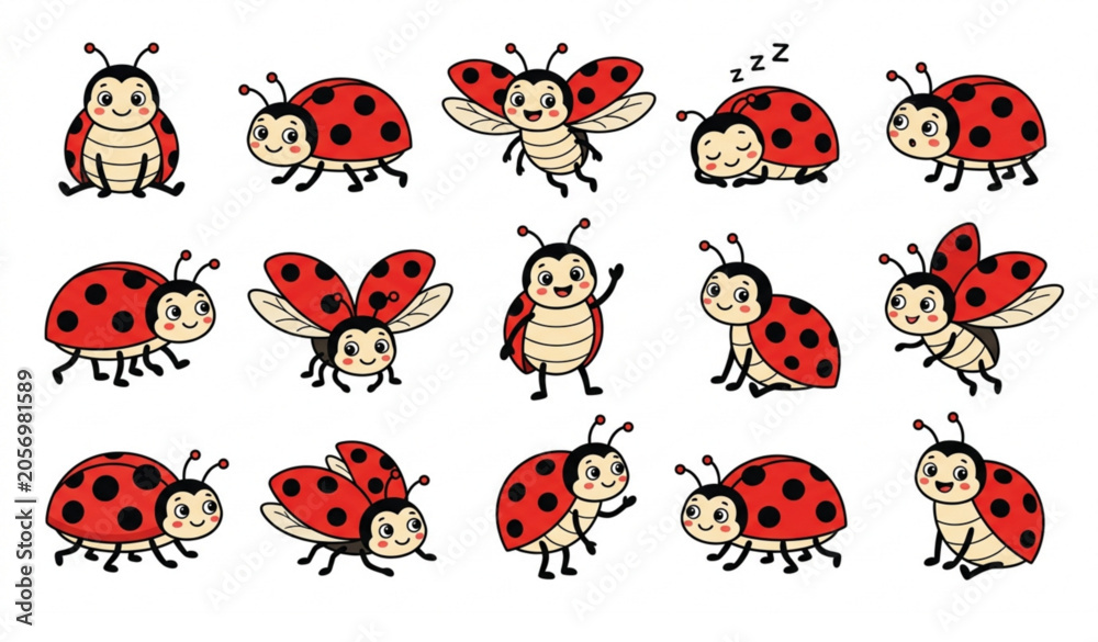 Naklejka premium Cute Cartoon Ladybug Collection Vector Set with Flying Crawling and Sitting Insect Characters