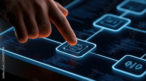 A close-up detail of a dark futuristic circuit board, featuring luminous blue channels, rectangular nodes, and bright orange dots. The atmosphere evokes networking and technology.