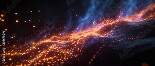 Particle wave background for text glowing abstract energy field with orange blue light trail futuristic motion glowing spark dynamic digital art landscape fantasy space scene cosmos mood