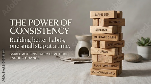 Wooden blocks stacked, representing consistency and building better habits.