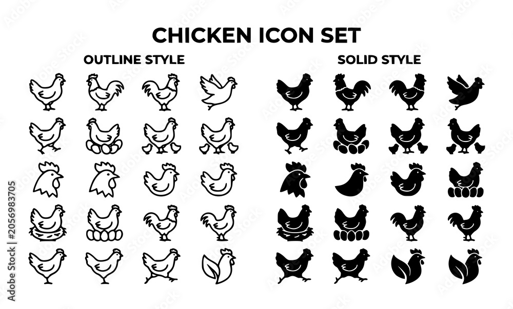 Obraz premium Chicken Outline and Solid Icon Set Vector Poultry Farm Bird Collection