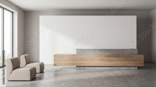 Modern office reception lobby with a blank wall