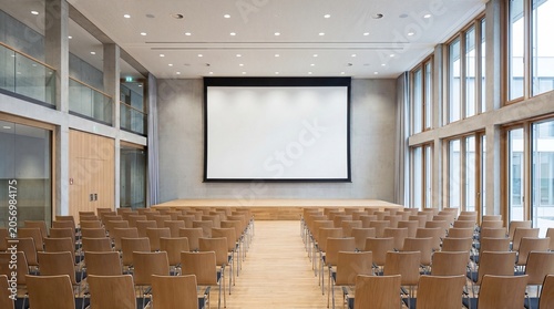 Modern conference hall with an empty stage and blank screen