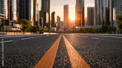Empty city boulevard captured from ground level with sunset over modern skyscrapers and tranquil atmosphere