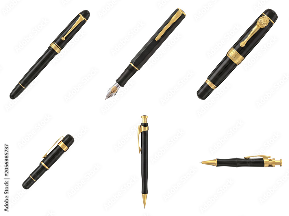 Naklejka premium Premium black and gold writing instruments, an elegant collection of fountain, ballpoint, and rollerball pens.