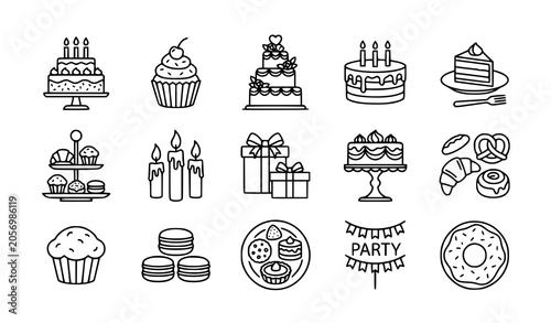 Modern birthday cake and bakery dessert outline icon pack vector illustration