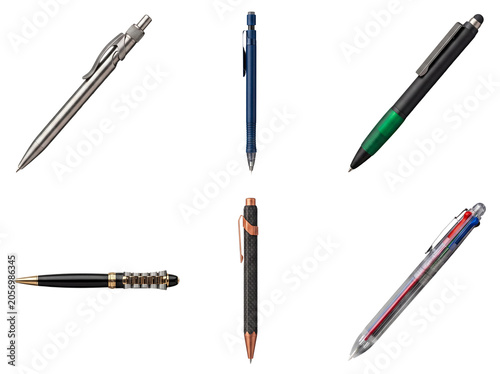 Diverse collection of pens and mechanical pencils in various designs, colors, and materials for writing.