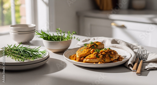 A perfectly plated chicken romano dinner featuring savory herbs and a rich golden sauce served on a clean white kitchen counter for a delicious meal