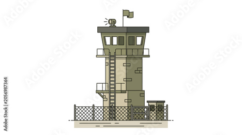 Bild auf Leinwand Watchtower with fence and flag on top.