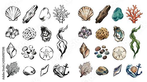 Slika na platnu Collection of Hand-Drawn and Watercolor Illustrations of Marine Objects and Beach Elements