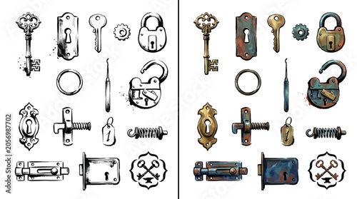 Collection of vintage and antique hardware, including keys, locks, latches, and door knockers, presented in both sketch and color versions.