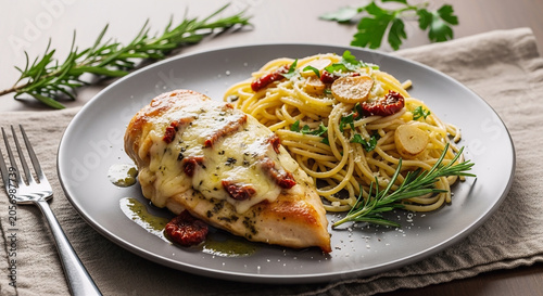A delicious chicken romano dish served with spaghetti pasta, sun-dried tomatoes, and fresh herbs on a gray plate for a gourmet dinner or restaurant menu.