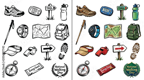 Foto Collection of hiking and outdoor adventure equipment and symbols for National Walking Day