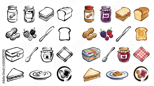 Принти на полотні Collection of illustrations depicting peanut butter and jelly sandwiches, ingredients, and related items