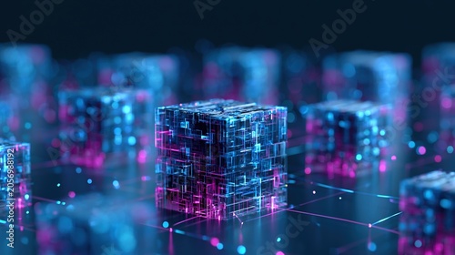 An abstract technological background, featuring interconnected, glowing geometric data blocks and server units against a deep blue background, representing a network information technology ecosystem.