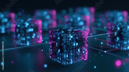 An abstract technological background, featuring interconnected, glowing geometric data blocks and server units against a deep blue background, representing a network information technology ecosystem.