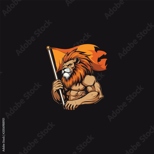 Muscular lion warrior mascot holding a blank orange flag vector illustration isolated on black background.