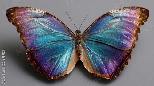 Menelaus blue morpho butterfly (morpho menelaus) displaying iridescent blue wings in tropical rainforest habitat of central and south america, iconic exotic insect wildlife with vibrant metallic color