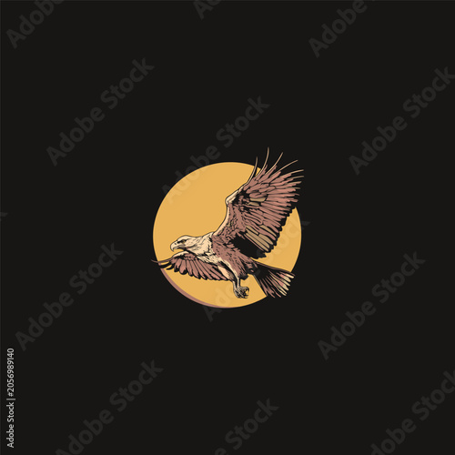 Hand drawn vector illustration of a majestic eagle flying with spread wings isolated on black background.