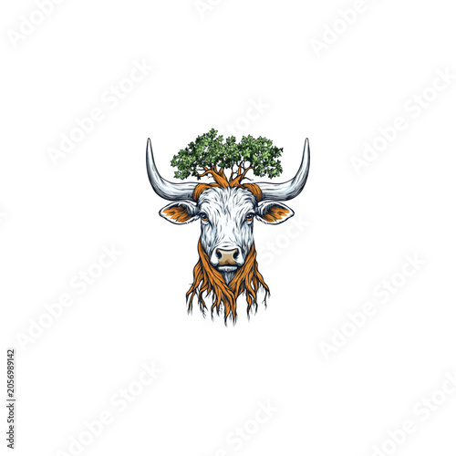 Hand drawn vintage engraving illustration of a mystical bull head combined with tree roots and growing branches on horns, isolated on white background.