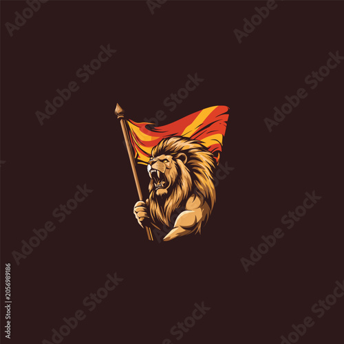 Muscular lion warrior mascot holding a blank orange flag vector illustration isolated on black background.