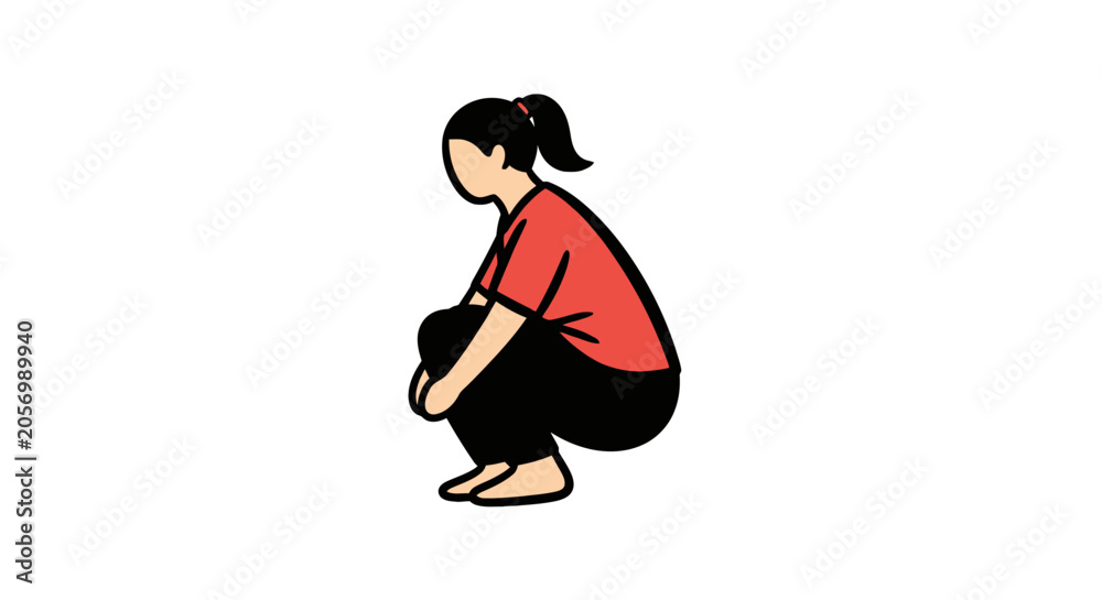 Fototapeta premium Young woman in red shirt and black pants crouching