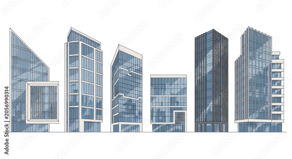 Fototapeta premium Set of modern glass office buildings and city skyscraper sketches on white background