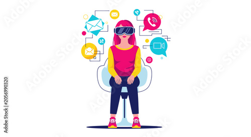 Принти на полотні Woman immersed in virtual reality interacting with digital communication icons