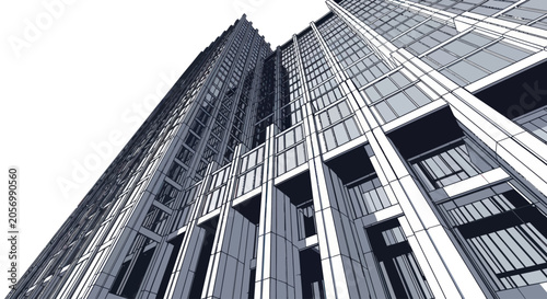 Modern skyscraper facade viewed from below against a white background.