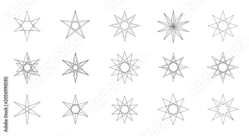 Quadro su tela Set of minimalist geometric star icons and abstract line art symbols on white ba