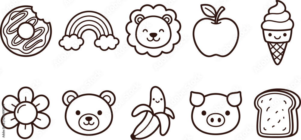 Obraz premium Silhouette of cute food and animal icons