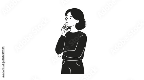 Minimalist Line Art Illustration of a Thinking Young Woman Contemplating Ideas and Decisions