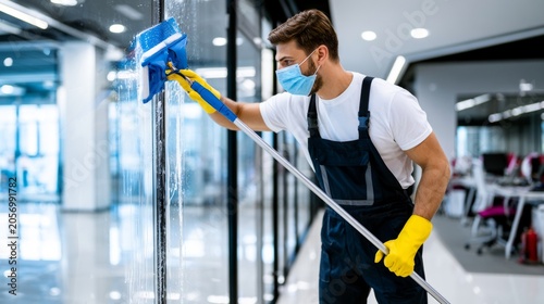 Professional Cleaner Using Squeegee for Window Cleaning in a Modern Office Facility