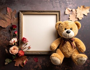 Cute teddy bear next to a blank vintage photo frame with autumn leaves and roses