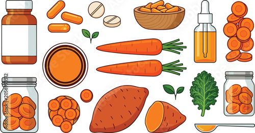 Tableau sur toile Beta Carotene and Vitamin A Nutrient Vector Set with Carrots, Sweet Potatoes, Su