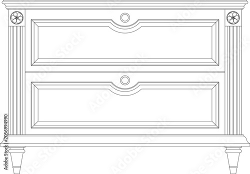 Tableau sur toile Technical 2D vector line drawing of a classic traditional bedside nightstand chest with two drawers, fluted columns, and rosette details for architectural blueprints