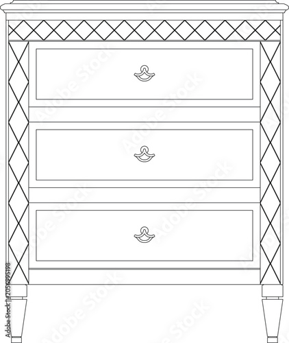Schilderij op canvas Technical line art of an elegant three-drawer chest or dresser in front elevation view
