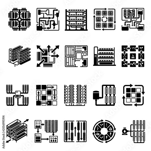 Smart greenhouse irrigation management indicators and plant factory multi-layer cultivation system vector template collection. Minimalist black line shapes for urban farming icons