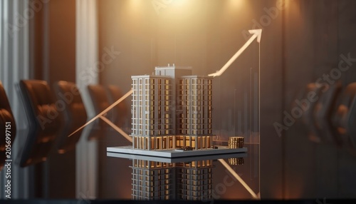Corporate real estate growth strategy with architectural model and graph strategy business building property investment development architecture corporate financial planning miniature