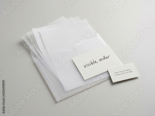 Stack of White Paper Sheets with Visible Order Card