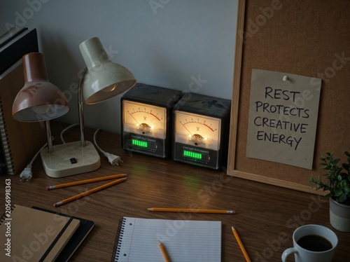 Vintage Workspace with Analog Meters and Desk Lamp