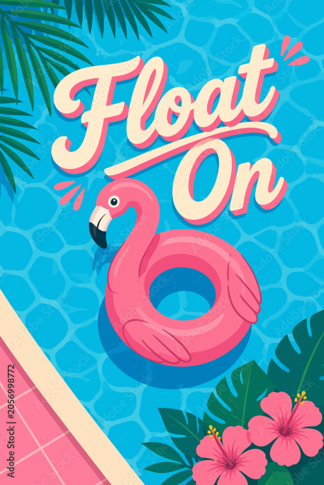 Naklejka premium Summer Flamingo Vector Illustration Pool Float Tropical Leaves Design