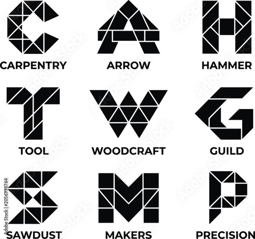 Foto Geometric black letter logo set featuring low poly typography icons for carpentry arrow hammer tool woodcraft guild sawdust makers and precision branding