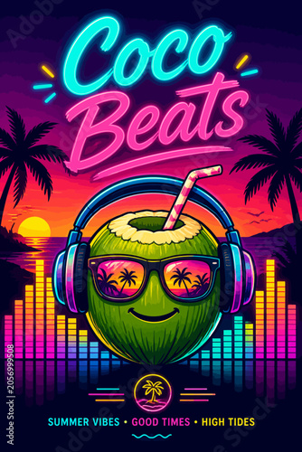 Tropical Neon Coconut With Music Headphones Poster Vector Illustration