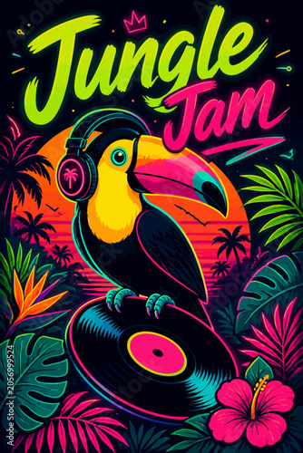 Tropical Toucan DJ Jungle Jam Neon Style Vector Illustration Design